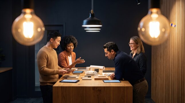 Colleagues reviewing project around wooden table in modern office, sharing ideas and focused discussion under warm pendant lighting