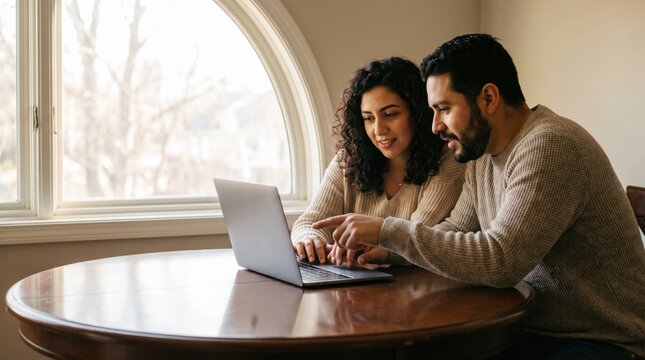 Man and woman sharing ideas while using laptop at home table, expressing collaboration, focus, and connection in warm natural light
