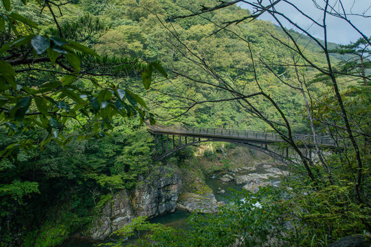 渓谷の橋と川の風景－日本、栃木県、日光、龍王峡、鬼怒川、虹見橋