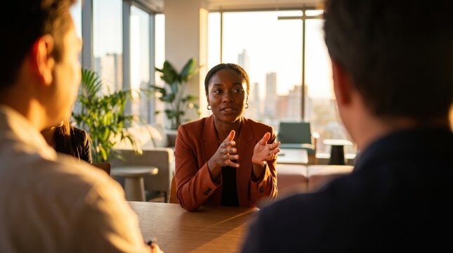 Woman sharing insights in office, professional discussion with colleagues at table during warm sunlight, expressive gesture conveying confident workplace communication and collaboration