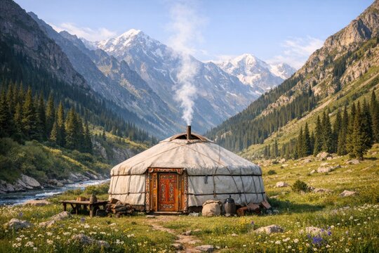 A yurt sitting in the middle of a valley with rolling hills and greenery