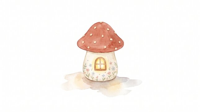 Whimsical watercolor mushroom house with soft lighting and cozy ambiance