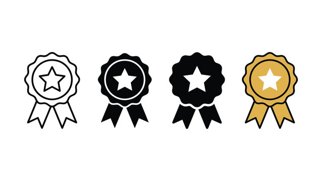 Set of four badge and medal icons with star shapes for achievement award and quality certification design