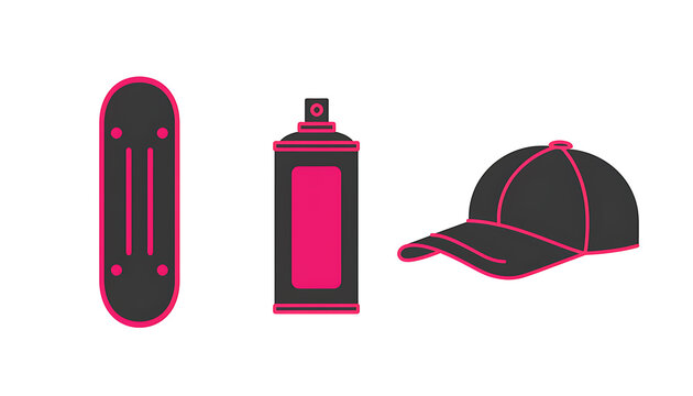 Vector illustration of streetwear and skate culture items including a skateboard, a spray paint can, and a baseball cap in black and pink.
