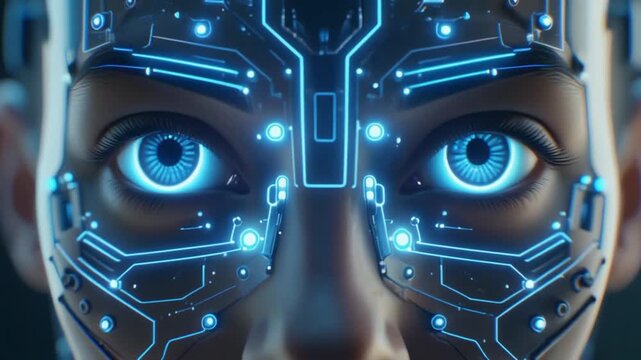Close up face of a futuristic humanoid robot with glowing blue neural network circuits