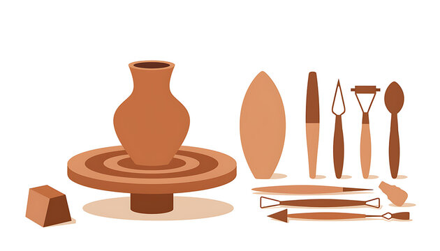 Pottery wheel with a clay vase and various sculpting tools vector illustration for ceramics craft and art workshop concepts.
