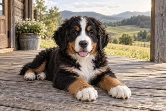 Relaxed Bernese Mountain Dog puppy lying on a terrace with a scenic countryside and mountain backdrop.
