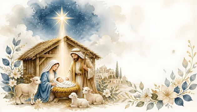 Watercolor Christmas Nativity Scene Holy Family in Stable with Bethlehem Star Lambs and Elegant Floral Watercolor Frame Border