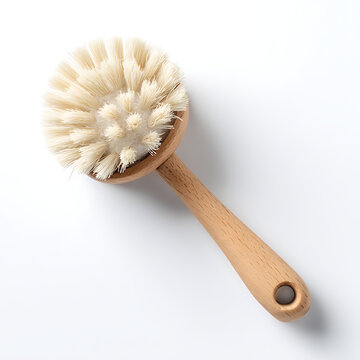 Short wooden handle dish brush with dense natural bristles on a white background