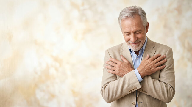 Man praying with eyes closed and hands on chest to express gratitude and faith. Religious scene showing humble meditation, inner peace, spiritual connection and hope. Human belief concept.
