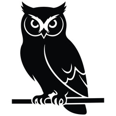 Fototapeta premium Wise owl vector silhouette illustration black and white perched bird line art design.