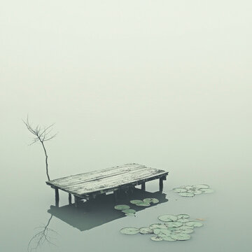 Misty lake with a weathered wooden dock, a solitary bare tree, and scattered lily pads, reflecting in muted tranquility