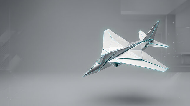 Futuristic Jet Fighter Concept: A sleek, polygonal design of a jet fighter hovers in a minimalist, almost abstract environment, hinting at advanced aerospace technology and future warfare.