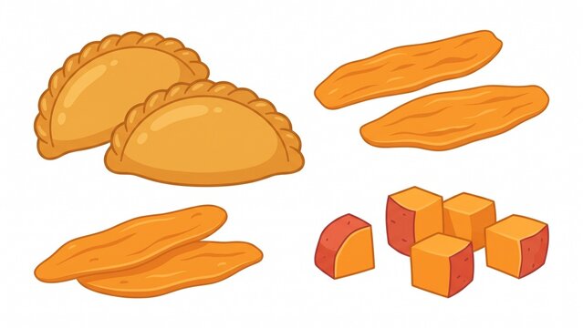 Golden baked empanadas with sliced dried mangoes and fresh sweet potato cubes on white background