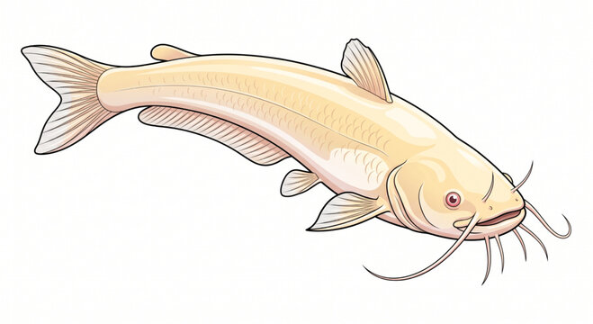 Detailed illustration of a light colored freshwater catfish swimming on a white background