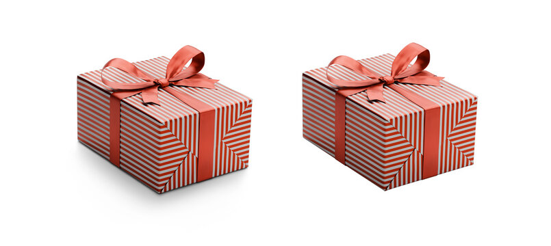Two red and white striped gift wrapped presents with a red ribbon bows one with a shadow, one without isolated against a transparent background.