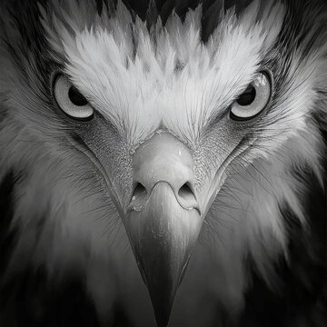 Monochrome close-up of an eagle's face, featuring sharp, intense eyes, a powerful beak, and finely detailed white feathers