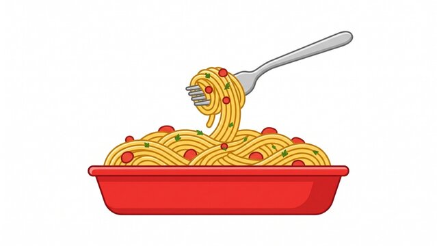 Delicious spaghetti pasta noodles being lifted by silver fork in red bowl on white background