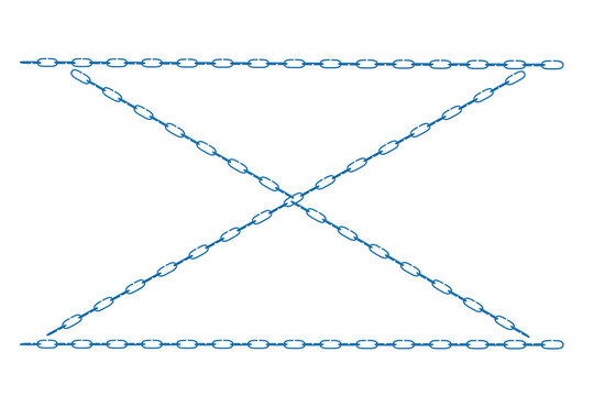 Blue metallic chain crossed diagonal layout with parallel borders isolated on white background