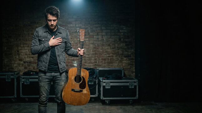 Man holding acoustic guitar in hand while praying with his hand on his chest. Musician in reflection before performance on stage. Concept of spiritual devotion and music ministry.