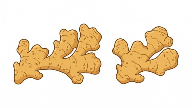 Fresh raw ginger root pieces illustrated in flat cartoon style isolated on white background