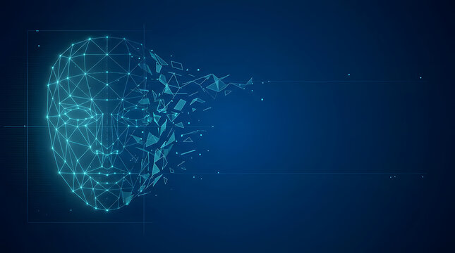 Digital Face Disintegration: A futuristic representation of a human face constructed from glowing blue geometric shapes, dissolving into fragmented particles against a dark, digital backdrop.