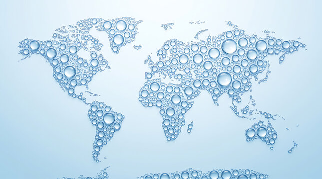 World map composed of clear water droplets arranged on light blue background surface texture with water resources conservation