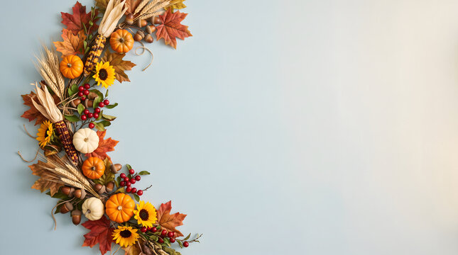 A beautiful thanksgiving image featuring a decorative autumn wreath arrangement with pumpkins sunflowers and fall leaves on light background