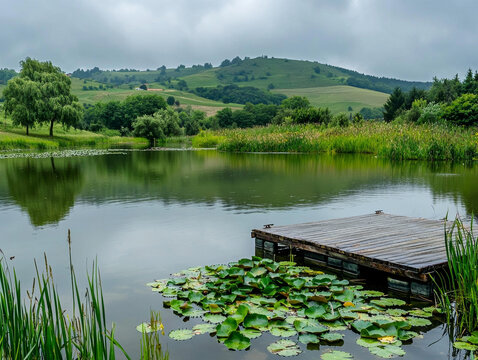 Peaceful green landscape: reflective pond with lily pads, rustic wooden dock, and rolling hills under an overcast sky