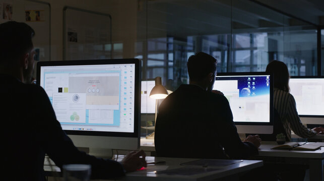 Computer, research and planning with business people in office for coworking, web designer and night. Online project, deadline and email with employee in agency for proposal and creative editor