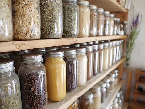 Rows of clear glass jars filled with various dry goods like pasta, herbs, and coffee beans on rustic wooden shelves