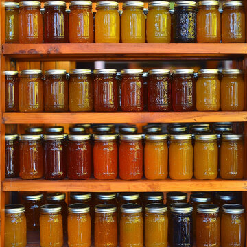 Rows of glass jars containing a vibrant assortment of colorful honeys and preserves, neatly displayed on warm wooden shelves