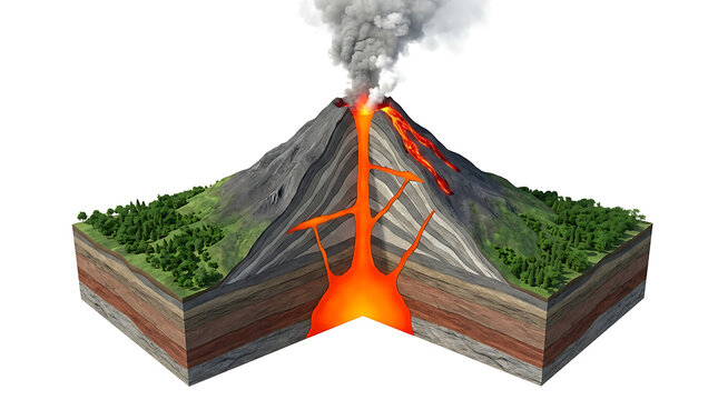 Cross-section 3D illustration of a volcano diagram showing internal magma chamber and lava flow