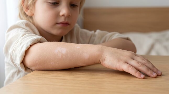 Close up of a young boy looking at his arm with vitiligo skin depigmentation white patches