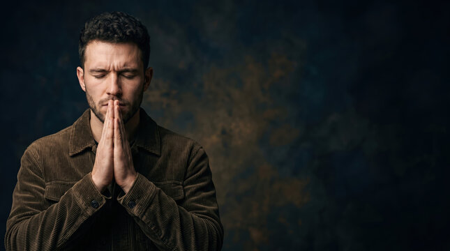 Man praying with hands joined together in focus. Portrait of male person expressing devotion and spirituality. Religious meditation and faith concept. Peaceful contemplation in silence.