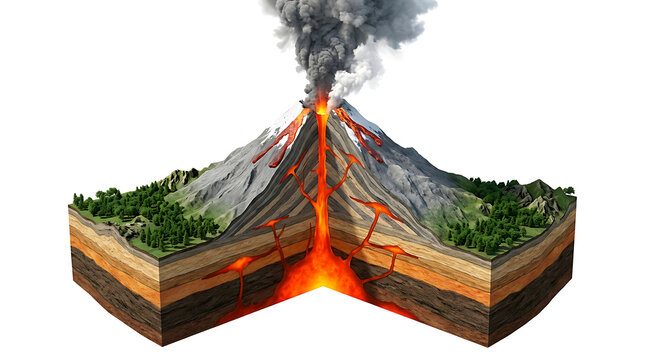 Cross Section Diagram of an Erupting Volcano Showing Subsurface Magma Chambers and Lava Flow