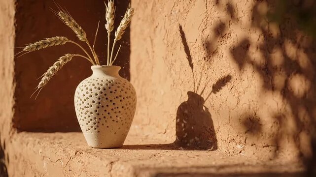 Wheat stalks in ceramic vase on rustic adobe ledge with dust motes