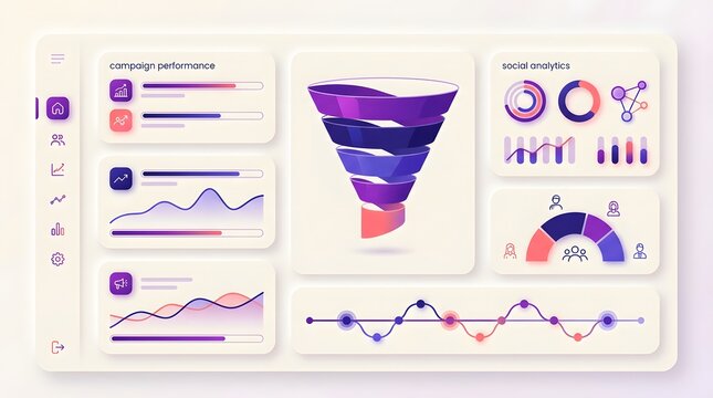 Modern dashboard admin panel ui ux design featuring interactive data visualization charts and sales funnel graphics