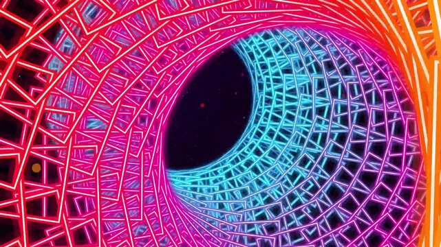 Futuristic neon geometric tunnel of glowing square frames rotating in a seamless loop animation