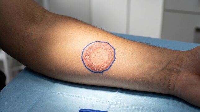 Classic circular ringworm tinea corporis fungal infection on human arm circled with blue marker for diagnosis