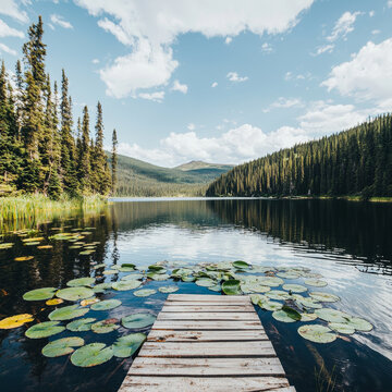 Scenic lake view: wooden dock, lily pads, vast evergreen forests, distant mountains, and a blue sky with white clouds