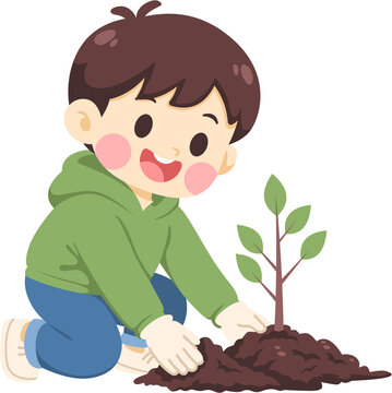 Boy Plants Seedling in Soil with Gloves