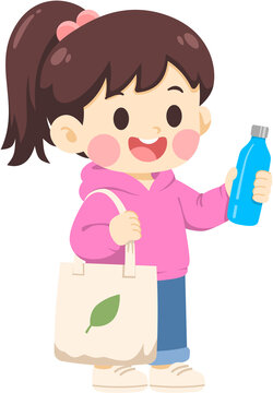 Girl with Reusable Bag and Water Bottle