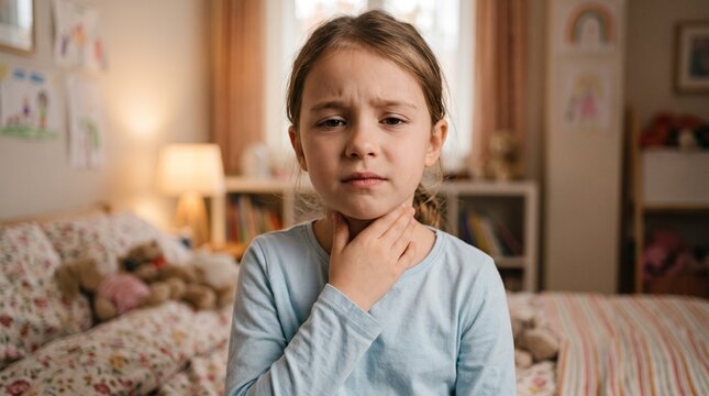 Sick little girl touching her painful throat with hand at home. Child suffering from sore throat and flu symptoms in cozy bedroom.