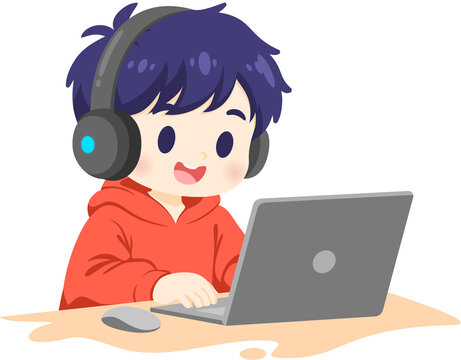 Boy with Headphones Uses Laptop Online Learning