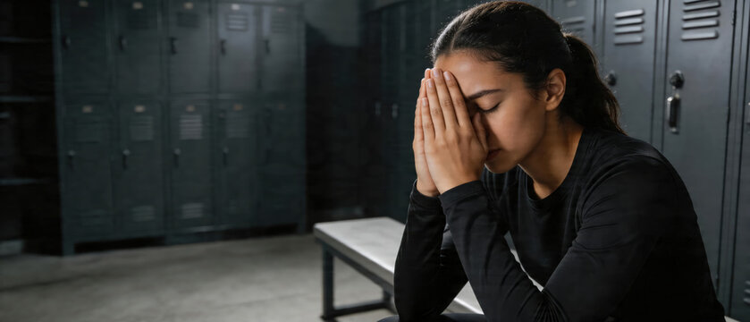 Woman sitting in dark locker room with hands pressed together in silent prayer. Spiritual devotion and faith reflection. Seeking solace during difficult time, mental health and emotional peace.