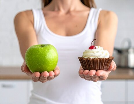Eine gesundheitsbewusste Frau vergleicht in der K&uuml;che am Morgen einen frischen Apfel mit einem Cupcake f&uuml;r eine bewusste Ern&auml;hrungsentscheidung.