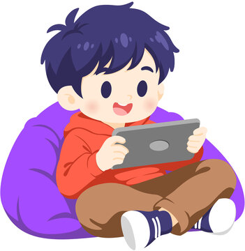 Boy Playing on Tablet on Beanbag Chair