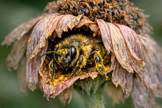 A close-up shot of a flower with a busy bee collecting nectar