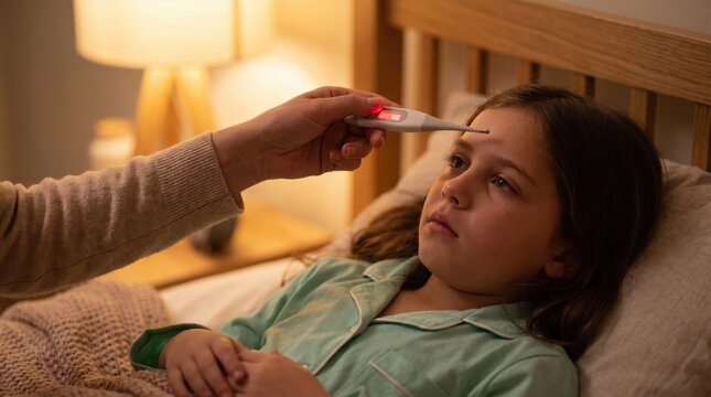 Mother measuring temperature of sick child with thermometer. Girl with fever lying in bed at home in evening light. Childhood illness and family health care concept.